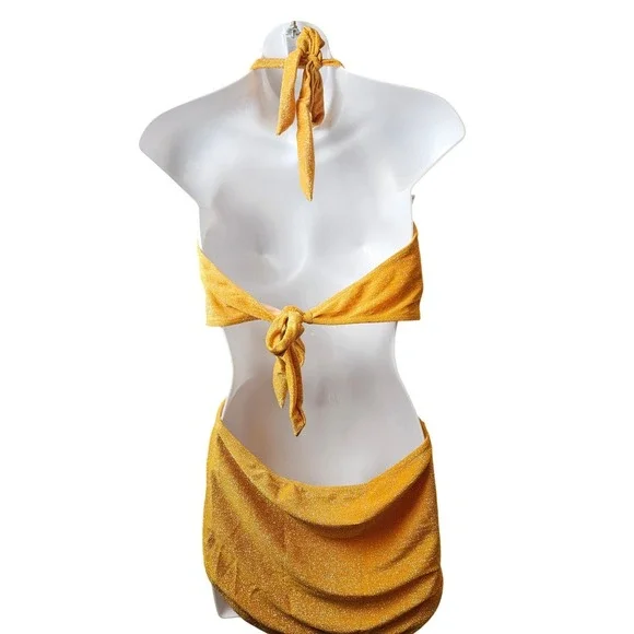 Unbranded 3pc Bodysuit Skirt Set Womens One Size Gold Excellent Metallic Floral - Picture 2 of 6